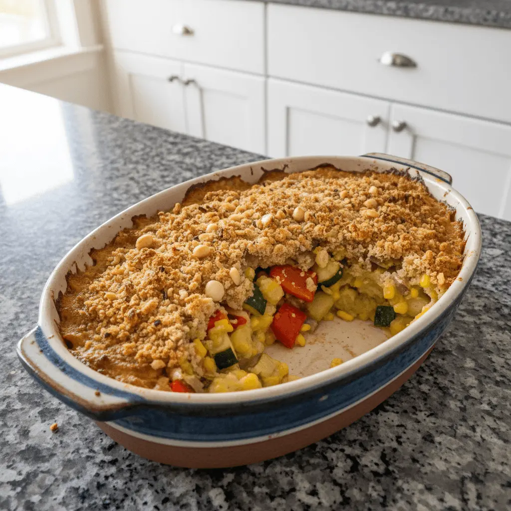 Close-up of a savory, partially eaten vegan casserole with a golden crumble topping and vibrant vegetable filling.