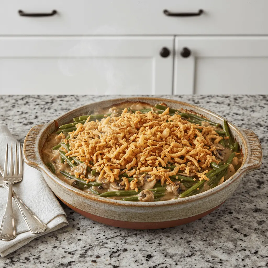 Freshly baked vegan green bean casserole with crispy fried onions in a rustic oval dish.
