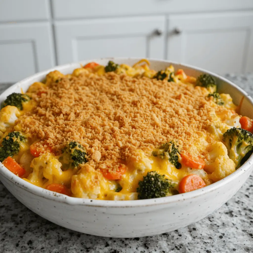 Close-up of a homemade vegetable casserole with a golden-brown breadcrumb crust, featuring broccoli, cauliflower, and carrots in a creamy cheese sauce.