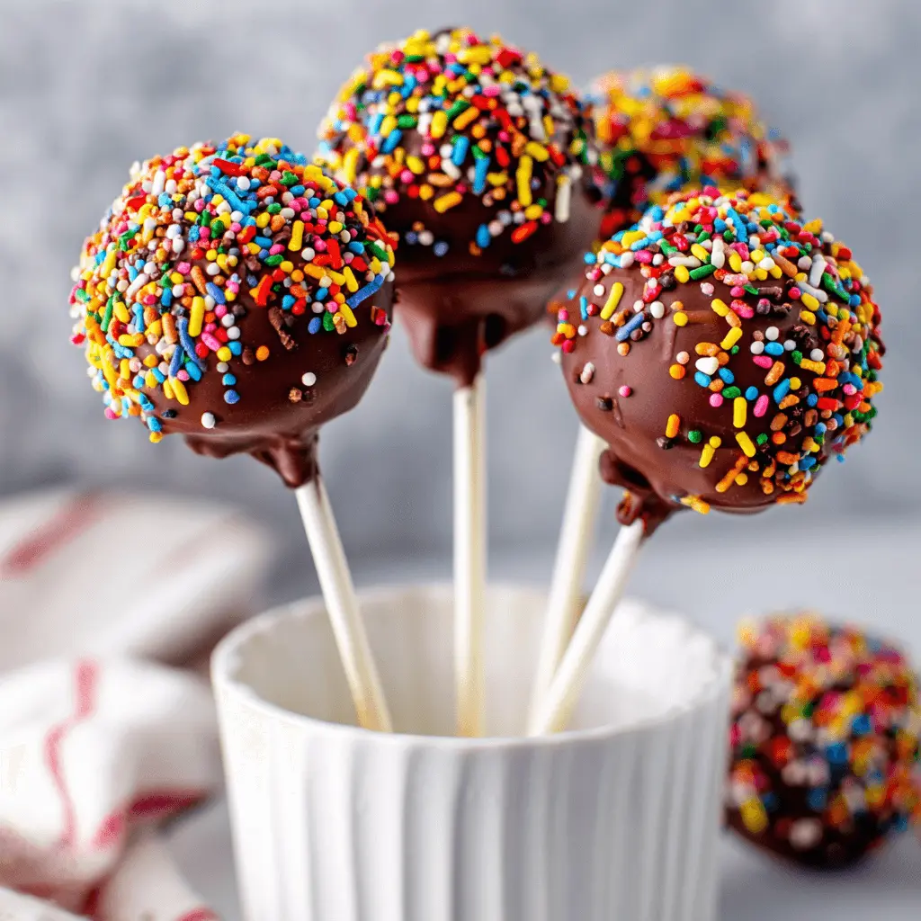 Close-up of vibrant chocolate cake pops with colorful sprinkles in a white mug, and one resting on a light surface.