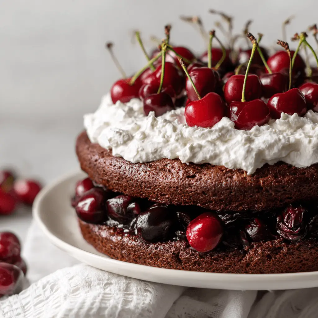 Close-up of a rustic two-layer cherry chocolate cake, topped with whipped cream and fresh cherries, revealing a rich cherry filling.