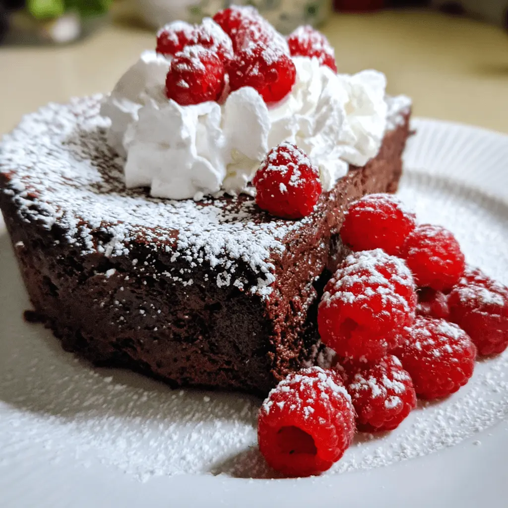 Decadent flourless chocolate cake with whipped cream and fresh raspberries.