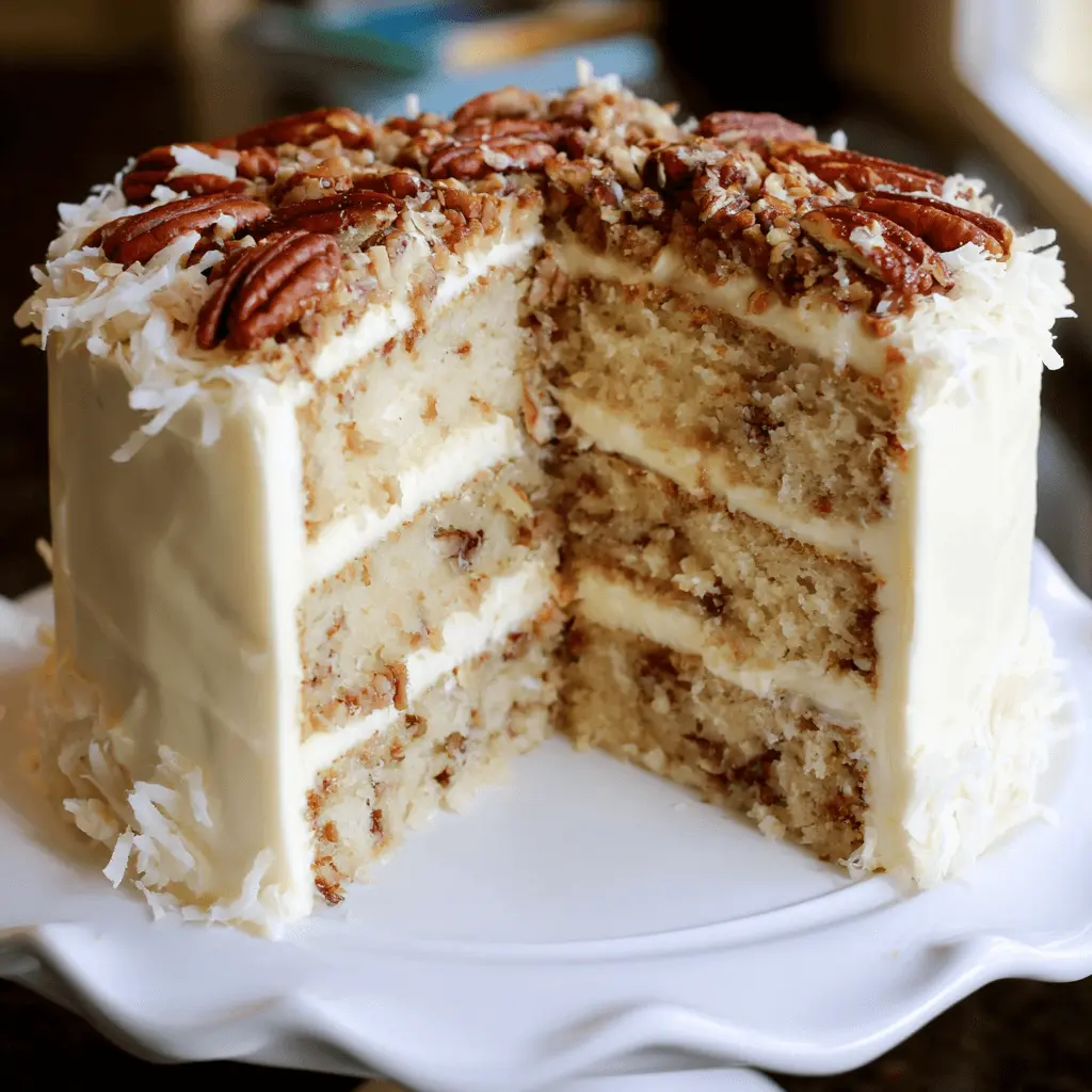 White German chocolate cake with a removed slice showing moist layers, rich white frosting, and a toasted pecan-coconut topping.