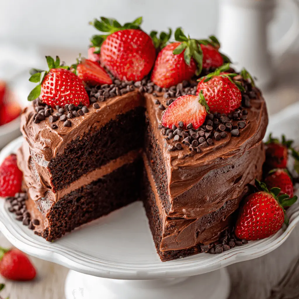Decadent strawberry chocolate cake with fresh strawberries and chocolate chips on a white stand.