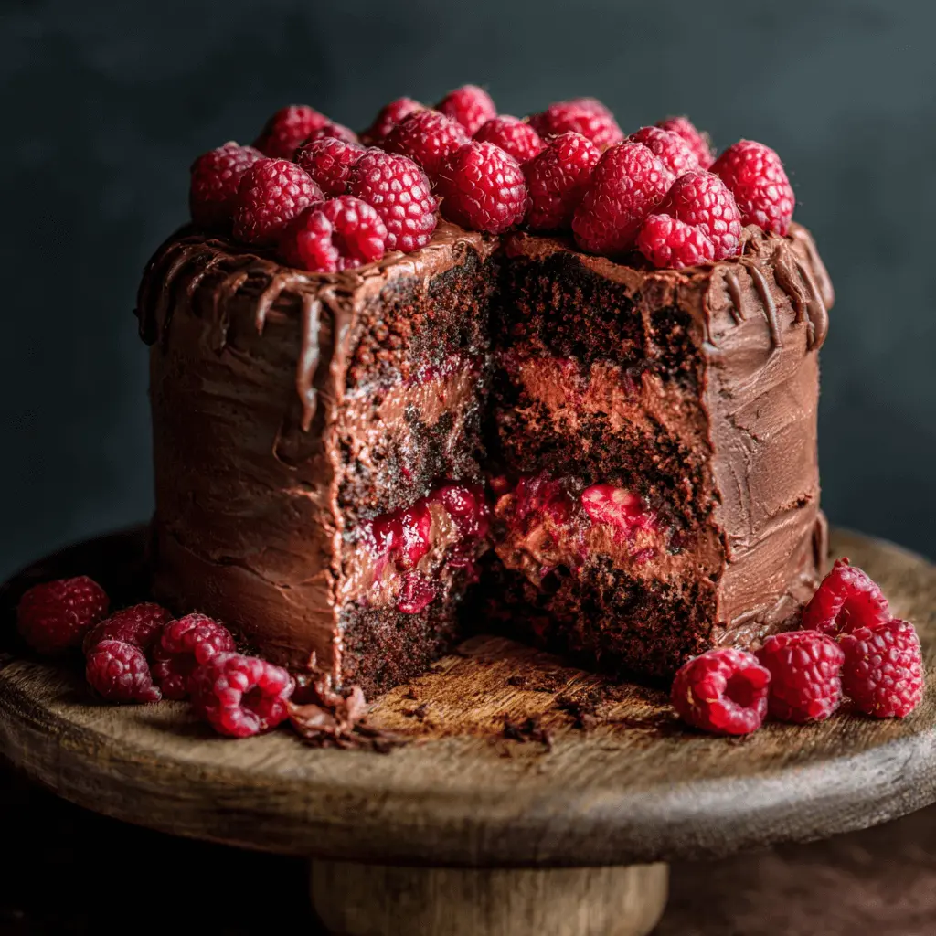 A decadent multi-layered raspberry chocolate cake with rich dark frosting, fresh raspberries, and a slice revealing vibrant raspberry filling.