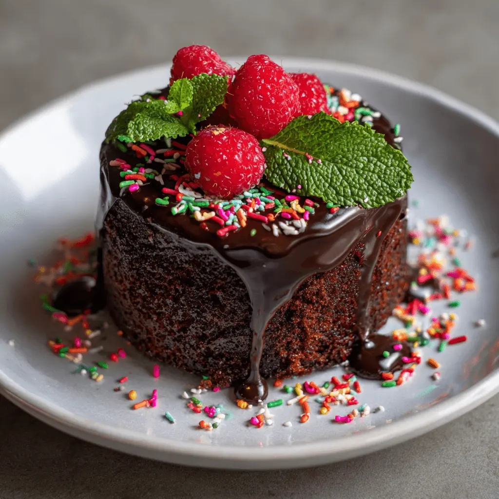 A beautifully glazed small chocolate cake, topped with colorful sprinkles, fresh raspberries, and mint, presented on a light plate.