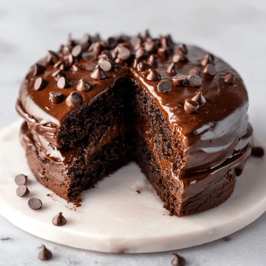 Decadent two-layer sourdough chocolate cake with glossy ganache, chocolate chip topping, and a slice removed, revealing moist interior on a marble platter.