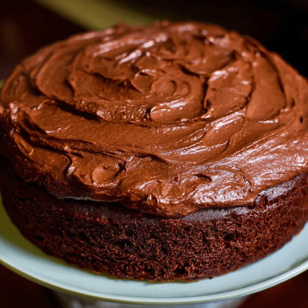 Single-layer chocolate cake generously topped with rich, creamy chocolate cake frosting on a light-colored plate.