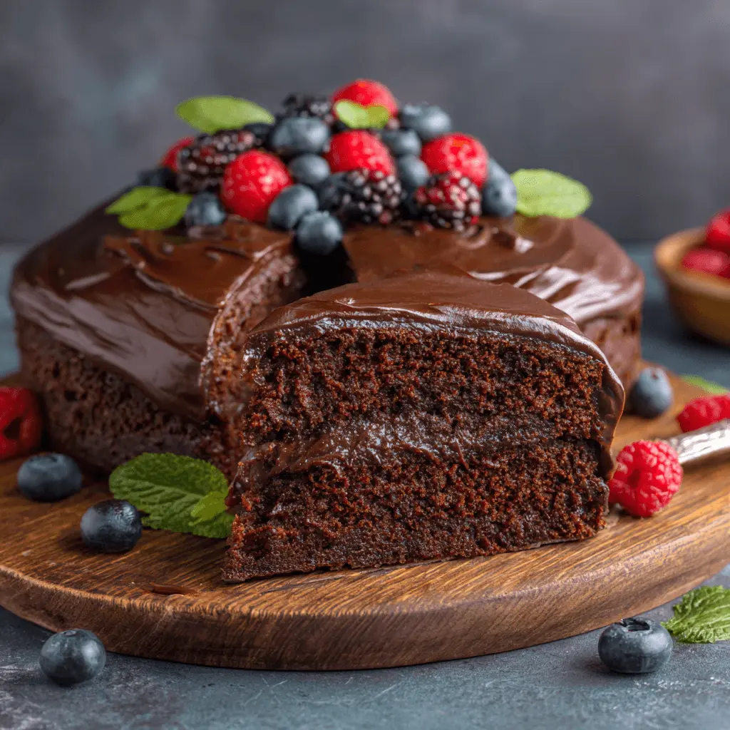 Decadent healthy chocolate cake garnished with fresh berries and mint, a slice removed to show its moist interior on a rustic wooden board.