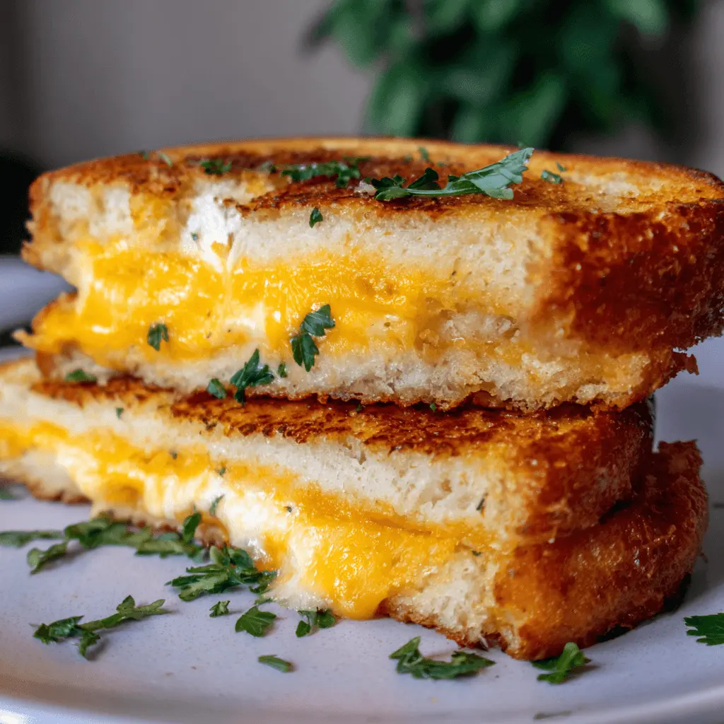 Close-up of a perfectly golden and gooey air fryer grilled cheese sandwich, cut in half and stacked on a plate with fresh herbs.