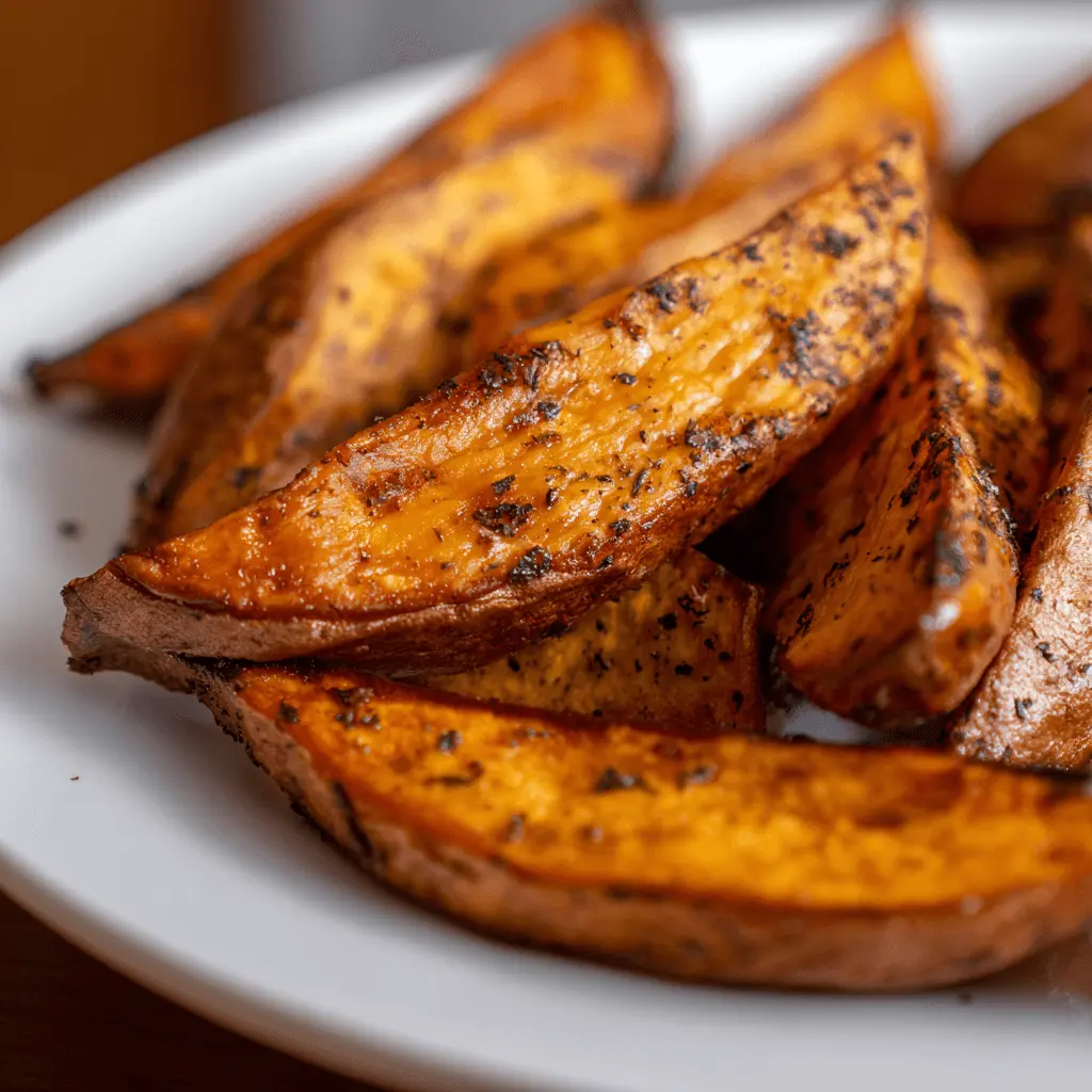Close-up of perfectly roasted air fryer sweet potato wedges with caramelized edges and herbs on a white plate.