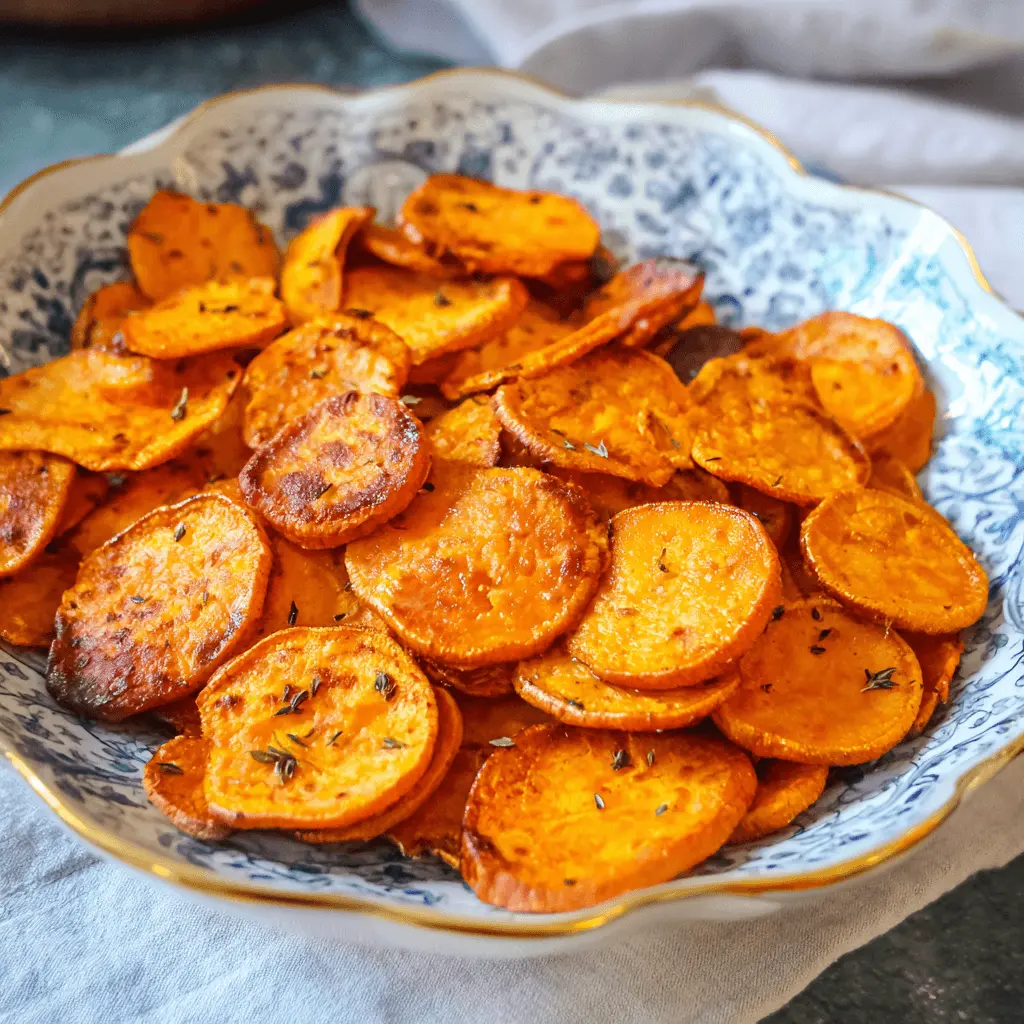 Close-up of golden, crispy air fryer sweet potato slices garnished with fresh thyme in a decorative blue and white bowl.