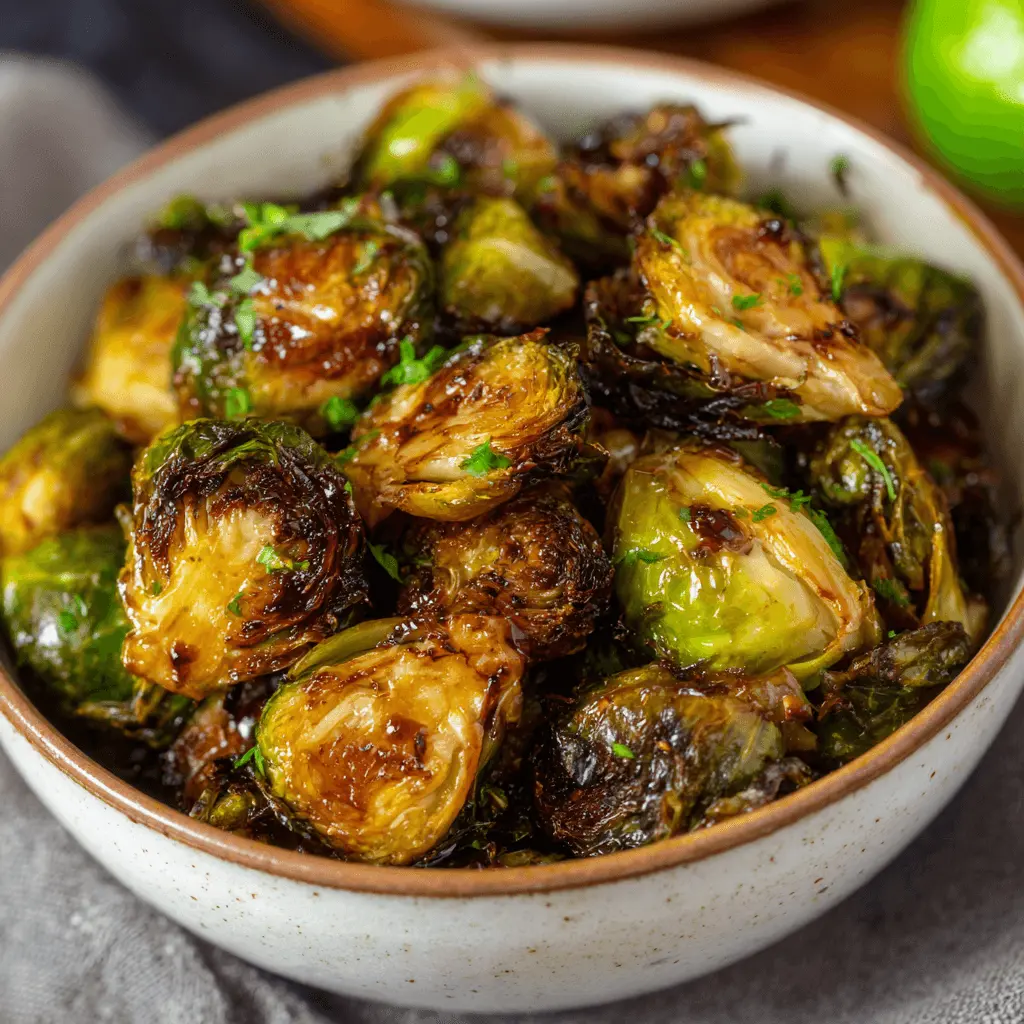 Close-up of perfectly roasted and caramelized air fryer brussel sprouts in a rustic bowl, garnished with fresh herbs.