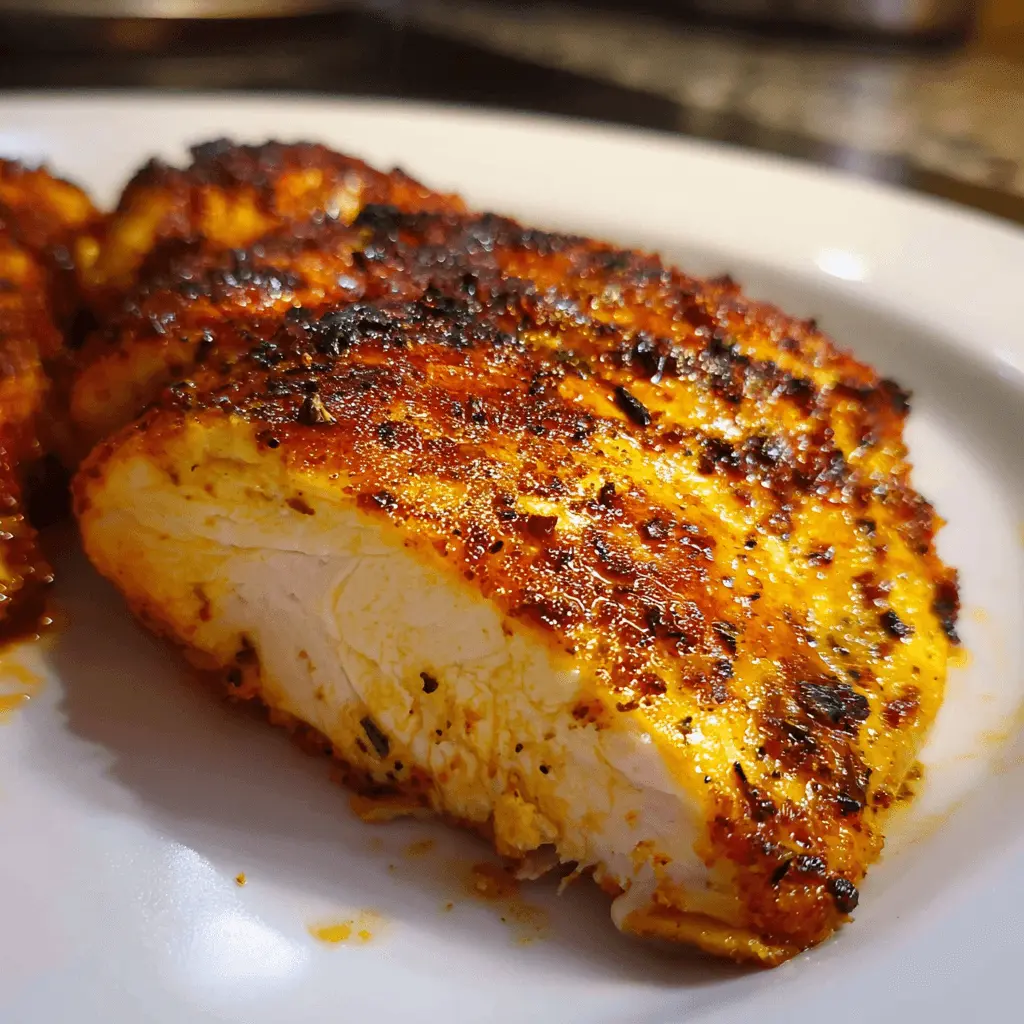 Close-up of perfectly cooked and seasoned air fryer chicken breast with a visible, moist interior slice.