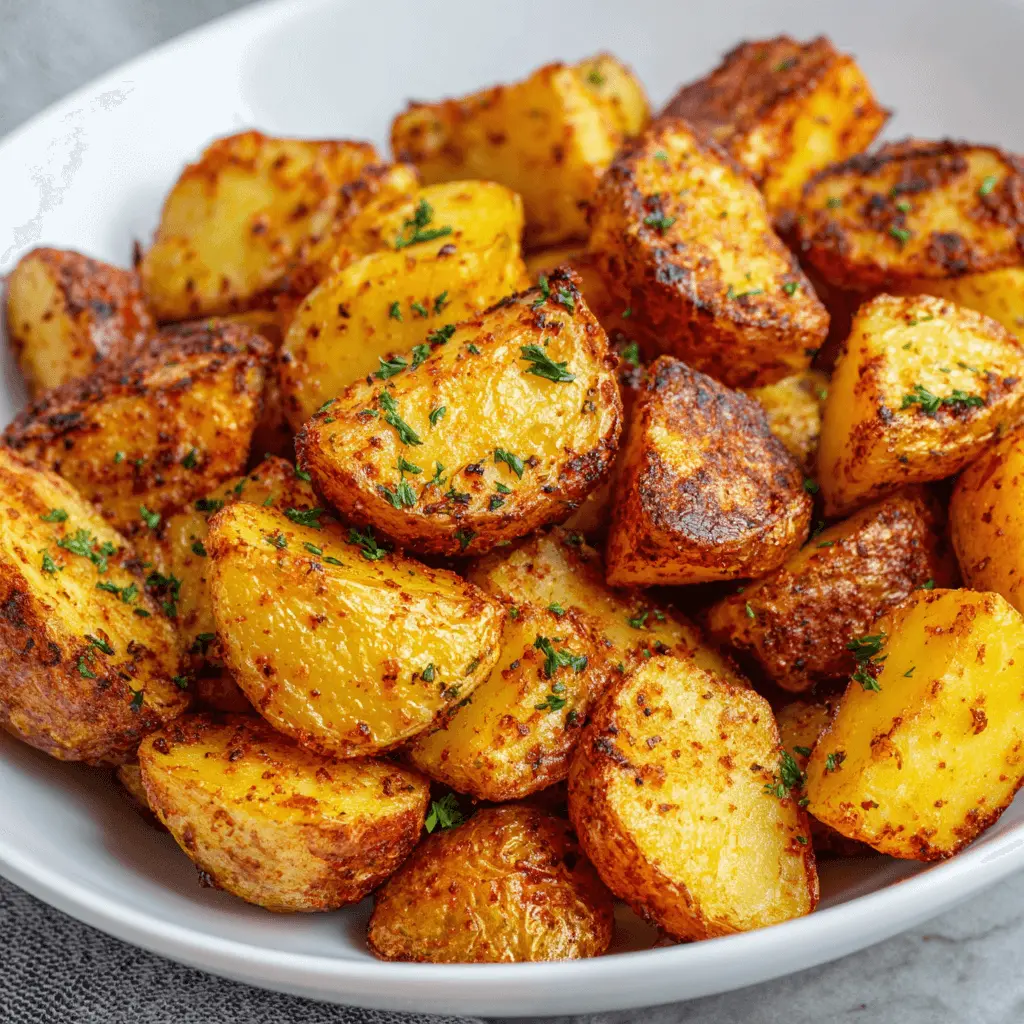 Golden-brown, crispy air fryer potatoes seasoned with herbs in a white bowl.