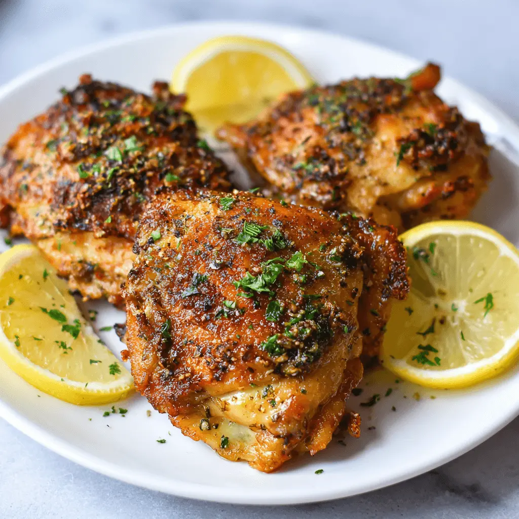 Close-up of three golden-brown, seasoned air fryer chicken thighs with crispy skin, garnished with fresh lemon slices on a white plate.