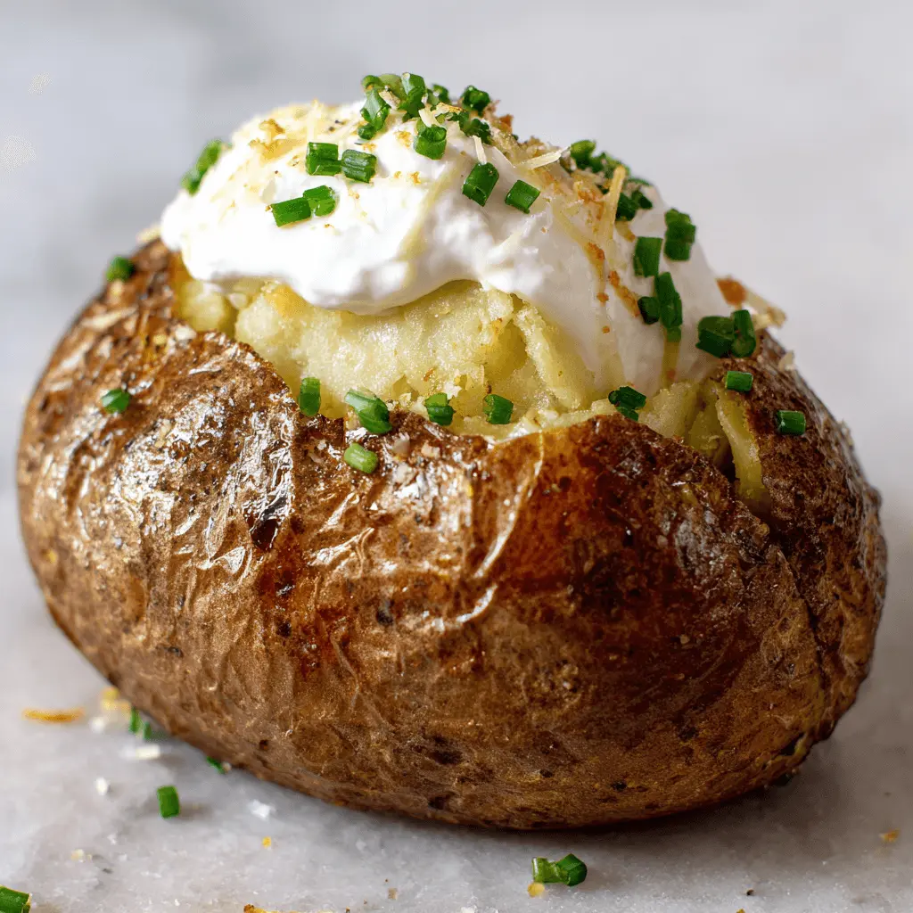 Perfectly cooked air fryer baked potato loaded with sour cream, chives, and cheese.