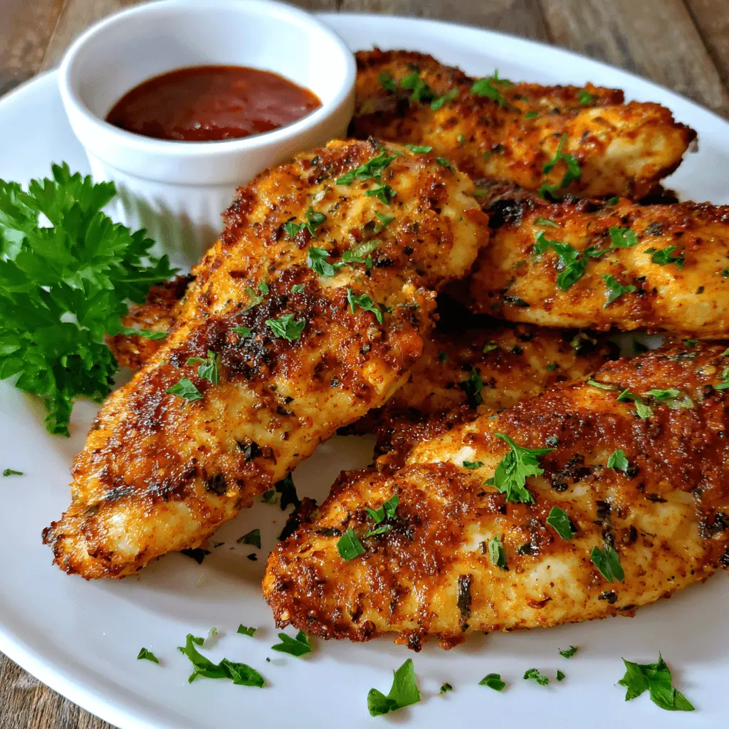 Crispy air fryer chicken tenders served on a white plate with dipping sauce and fresh parsley.