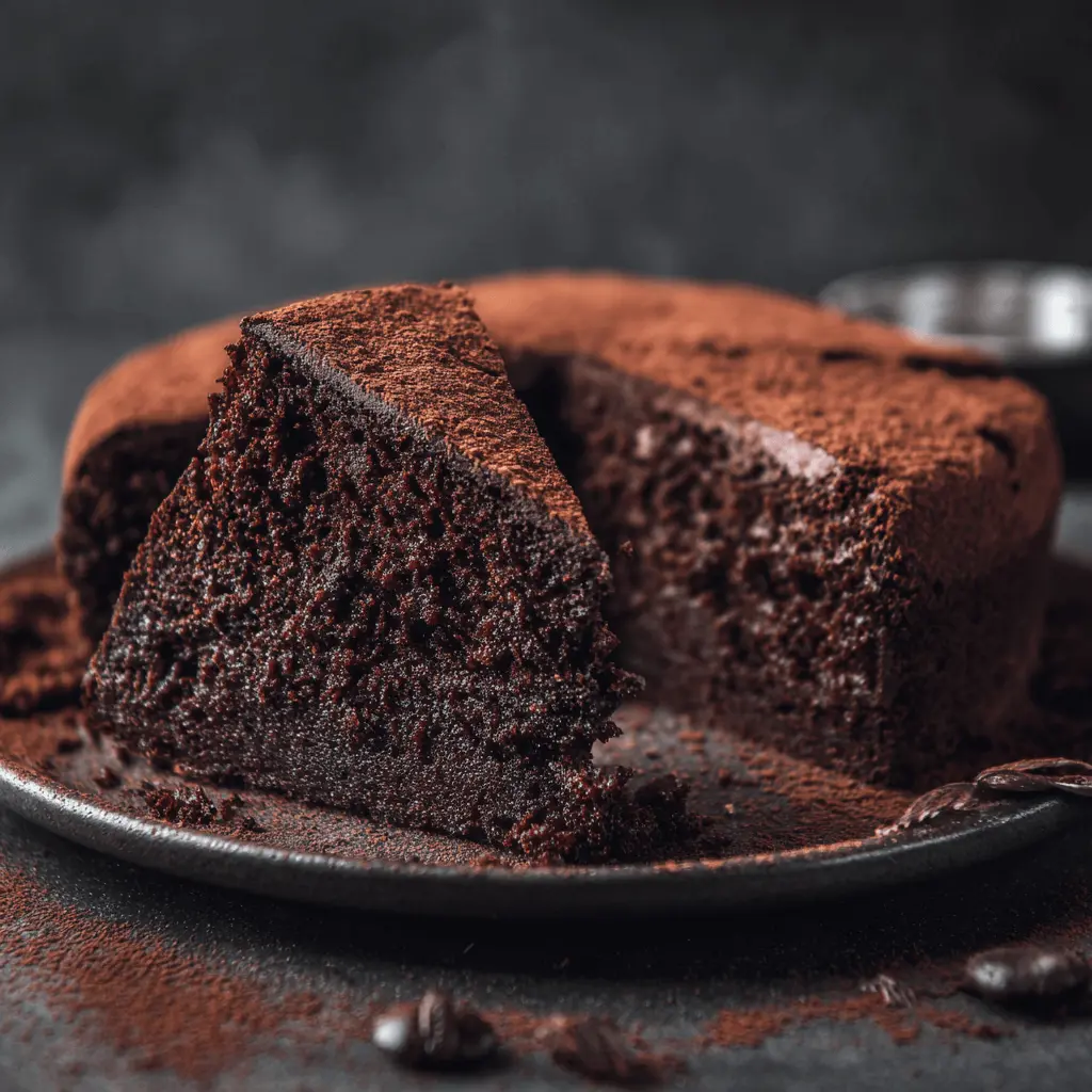 A detailed photograph of a rich, fudgy slice of moist chocolate cake on a dark plate, dusted with cocoa powder and coffee beans.