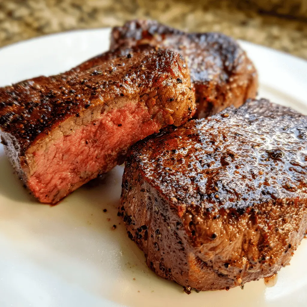 Close-up of perfectly cooked medium-rare air fryer steak with a dark crust and pepper seasoning on a white plate.