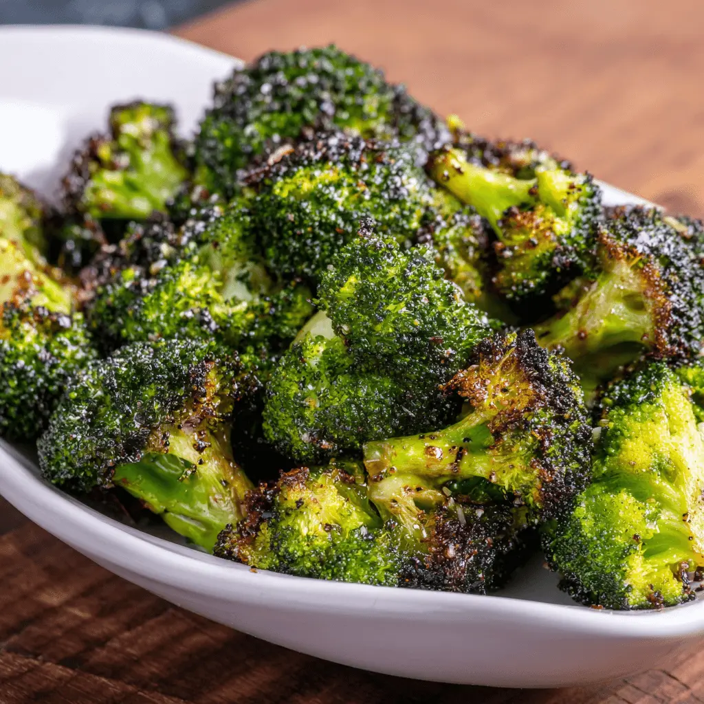 Close-up of perfectly roasted, crispy air fryer broccoli florets seasoned and served in a white dish on a wooden surface.