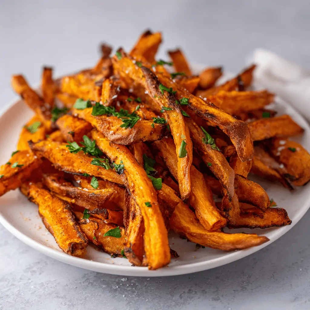 Close-up of perfectly cooked, crispy air fryer sweet potato fries seasoned with salt and herbs on a white plate.