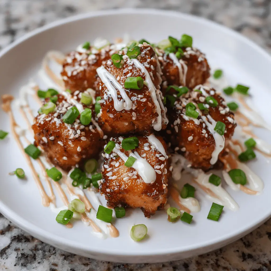Close-up of glossy, golden-brown air fryer salmon bites drizzled with white sauce, sesame seeds, and green onions on a white plate.