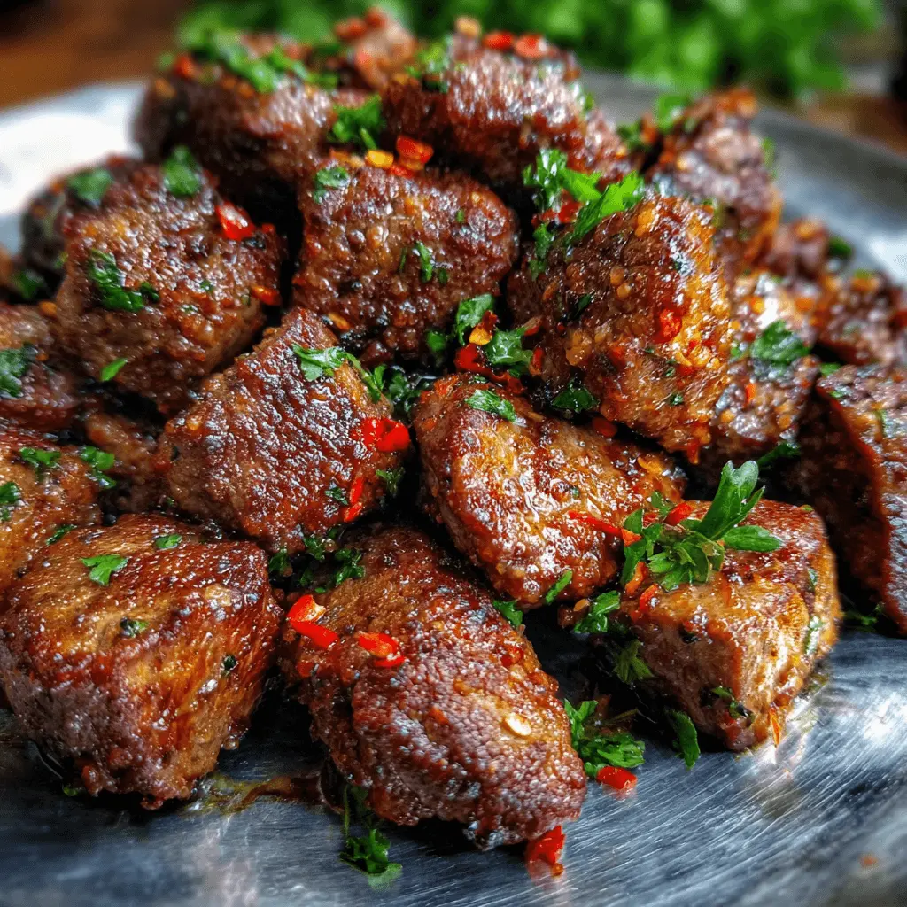 Close-up of perfectly cooked and seasoned air fryer steak bites garnished with fresh herbs and chili on a reflective metallic surface.