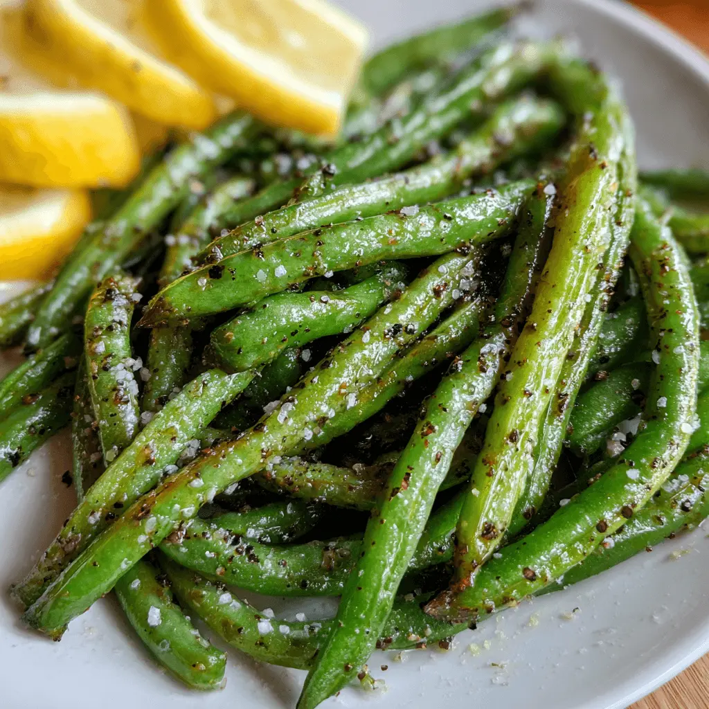 Vibrant close-up of perfectly seasoned air fryer green beans with fresh lemon slices.