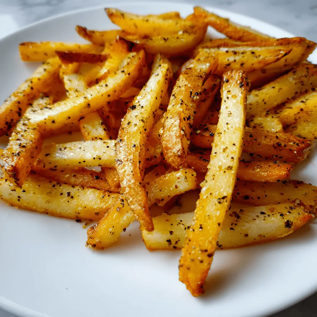 Close-up of perfectly seasoned, golden air fryer french fries on a white plate.