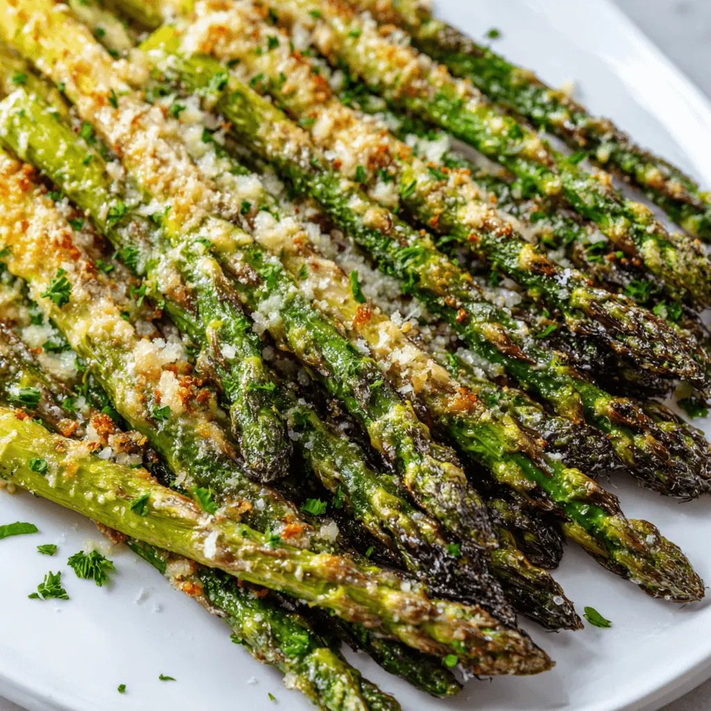 Close-up of perfectly cooked air fryer asparagus spears garnished with melted Parmesan, fresh herbs, and crispy bits on a white platter.