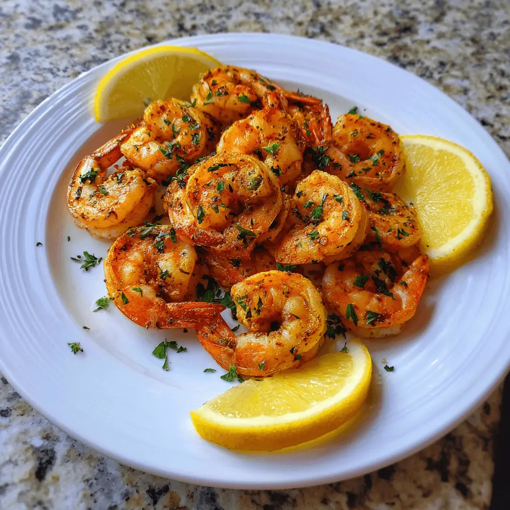 Close-up of perfectly cooked and seasoned air fryer shrimp with fresh parsley and lemon wedges on a white plate.