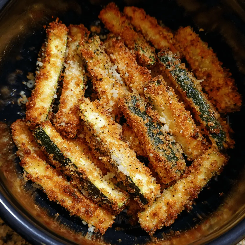 Crispy breaded air fryer zucchini sticks seasoned with Parmesan and herbs, served in a dark bowl.