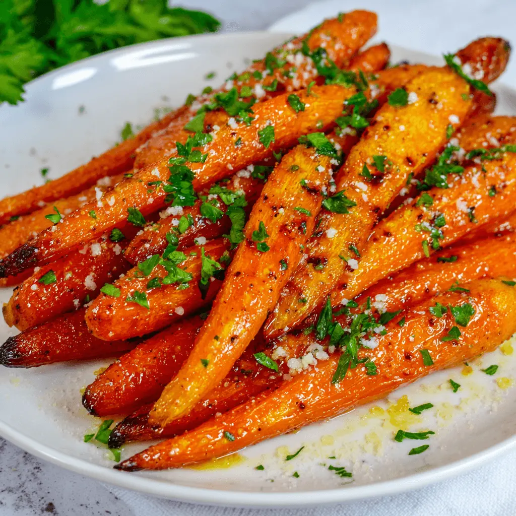Appetizing close-up of glazed air fryer carrots sprinkled with fresh herbs on a white plate.