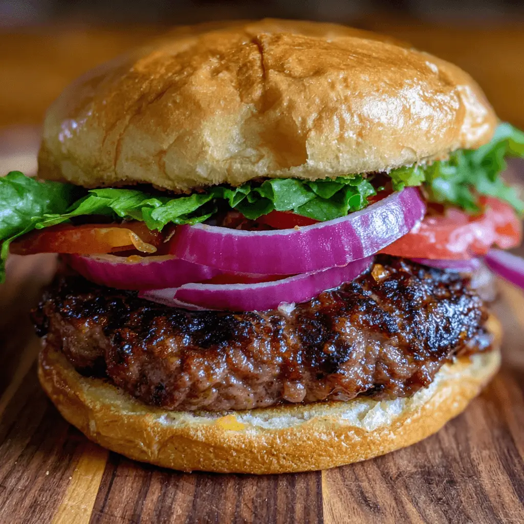 Appetizing close-up of a perfectly assembled, juicy air fryer burger with fresh lettuce, tomato, red onion, and melted cheese on a golden bun.