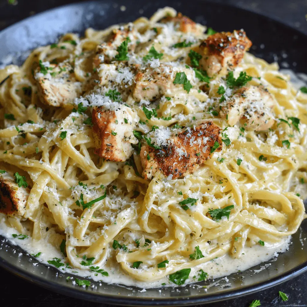 Delicious chicken alfredo pasta recipe with creamy fettuccine, tender chicken, Parmesan, and fresh parsley.