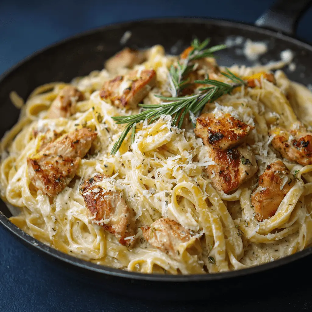 Close-up of a delicious creamy chicken pasta dish, garnished with rosemary and served in a dark skillet.