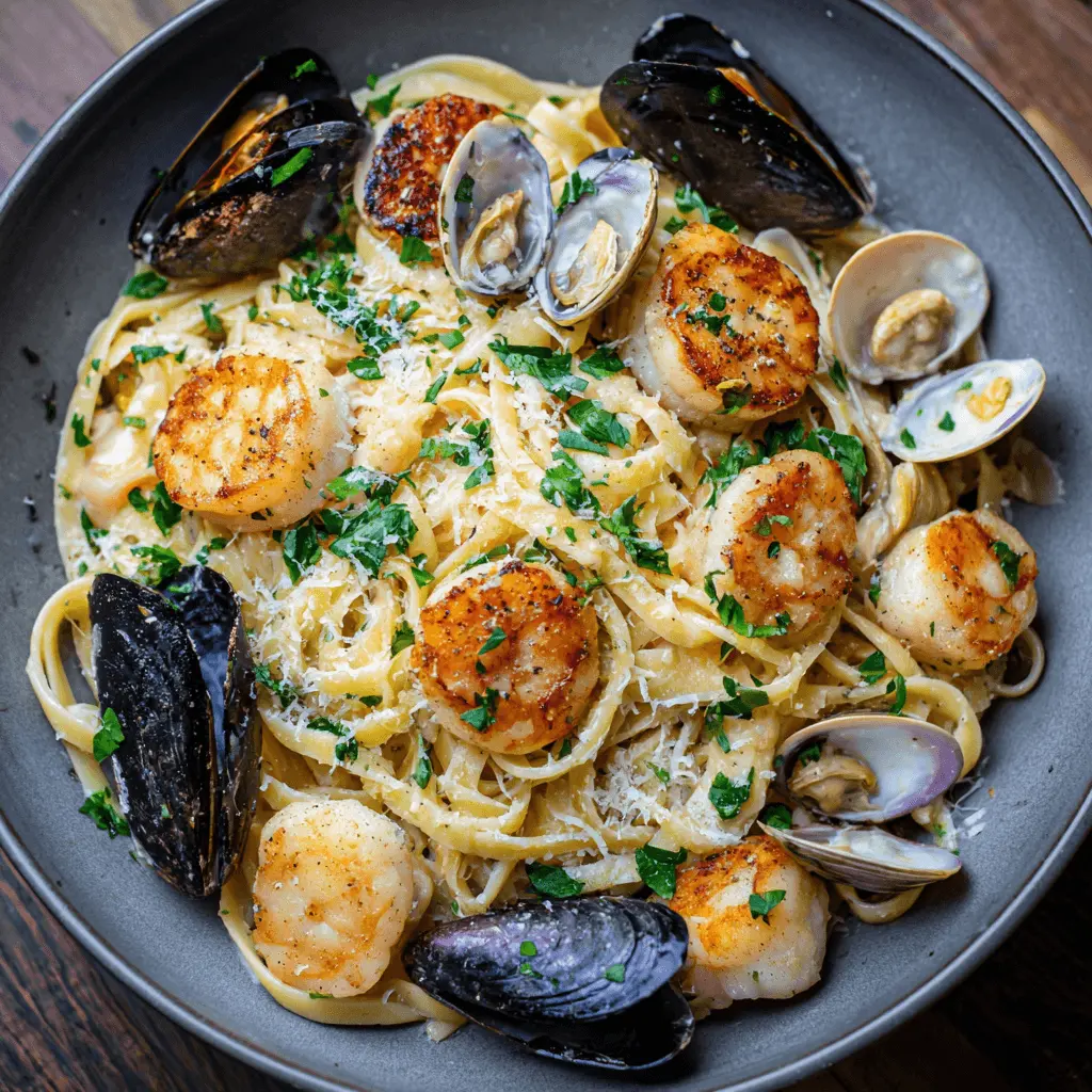Vibrant seafood pasta recipe featuring seared scallops, mussels, and clams, garnished with parsley.
