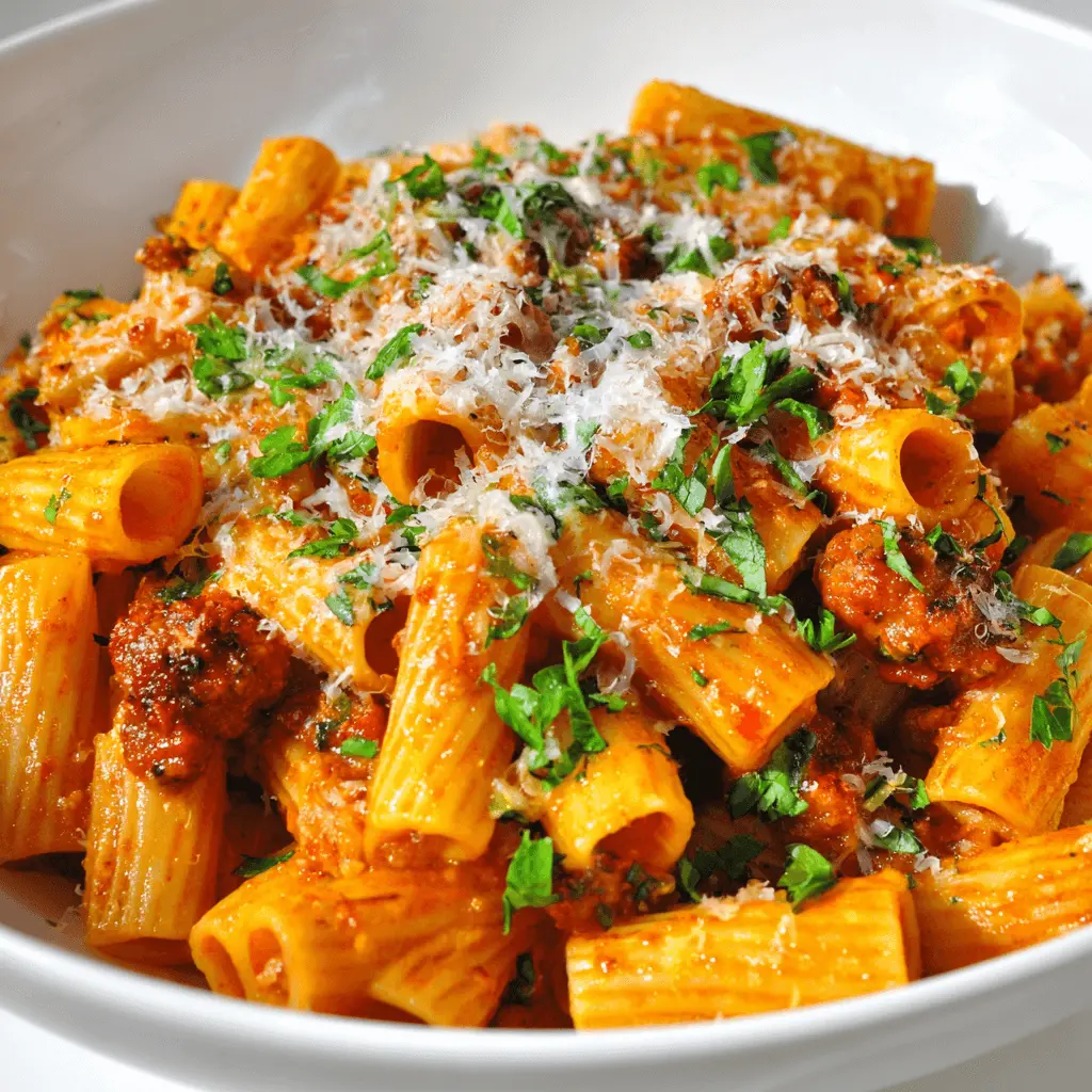 Close-up of a mouth-watering rigatoni pasta recipe with a rich meat sauce, Parmesan, and fresh herbs.