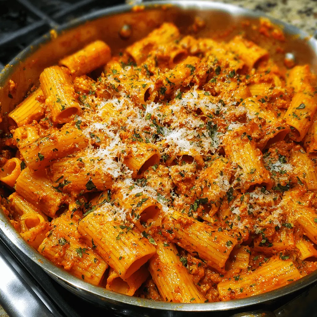 Close-up of a rich rigatoni pasta recipe served in a metal pan, topped with grated cheese and fresh herbs.