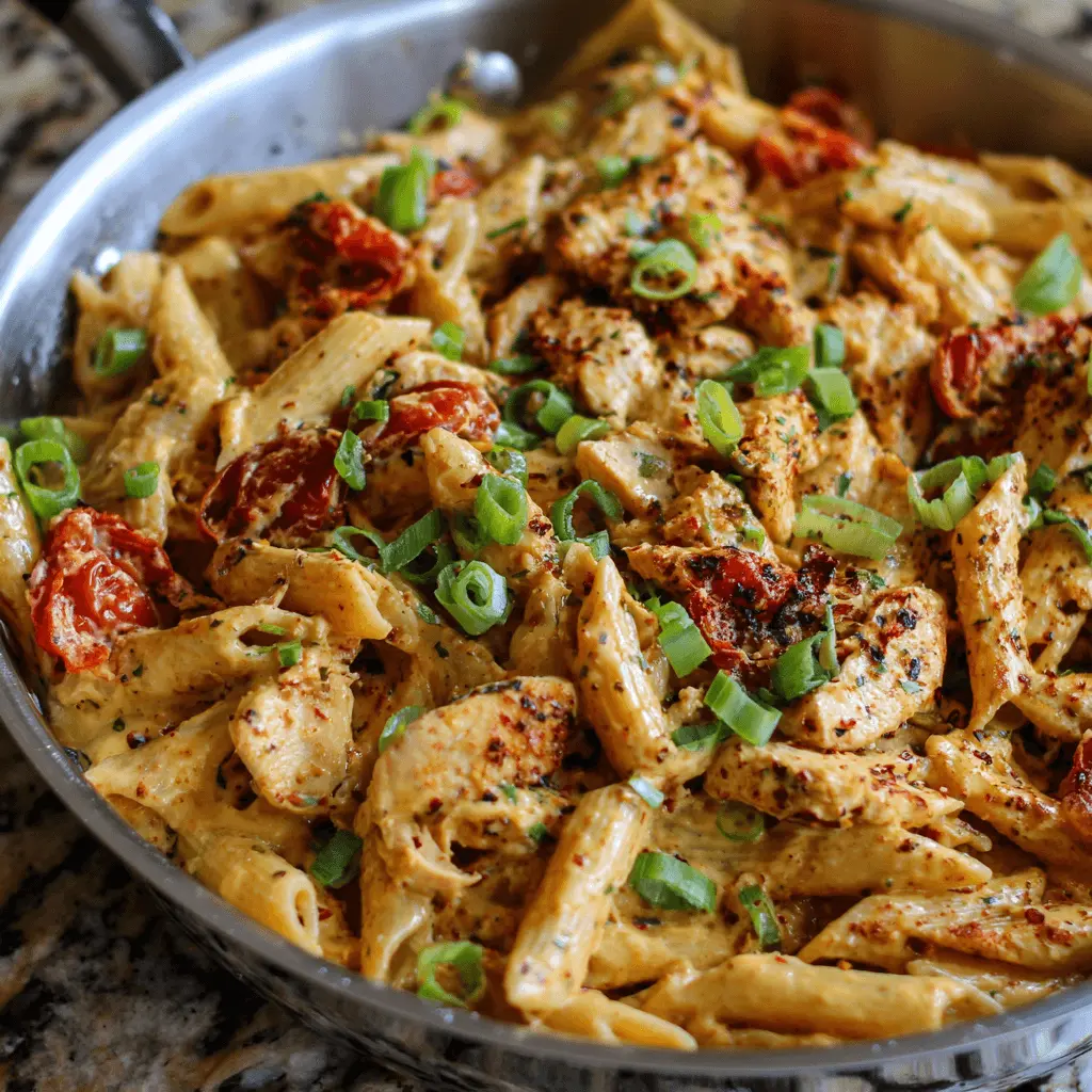 Creamy chicken cajun pasta recipe with penne, sun-dried tomatoes, and green onions in a stainless steel skillet.