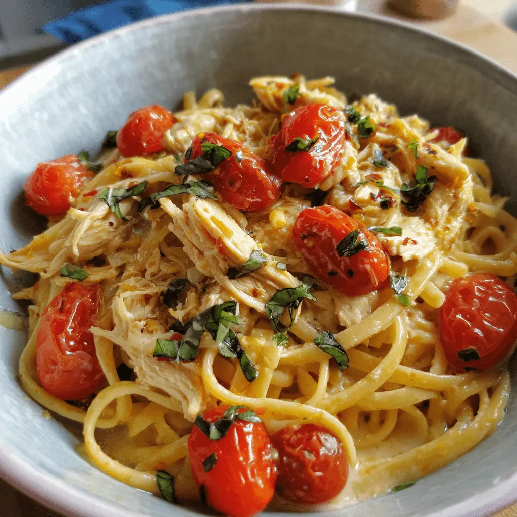Close-up of a creamy chicken and roasted tomato one pot pasta recipe, garnished with fresh basil in a rustic bowl.