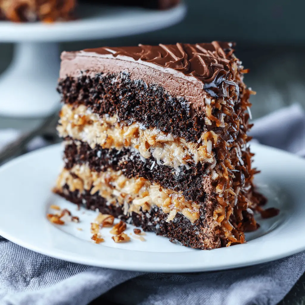 A delectable slice of German Chocolate Cake showcasing its signature coconut-pecan german chocolate cake frosting layers and rich chocolate ganache.