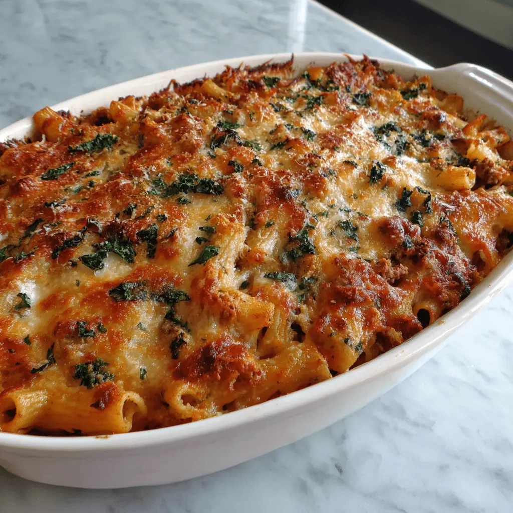 Close-up of a golden-brown, bubbly baked pasta recipe in a white oval casserole dish, topped with fresh herbs.