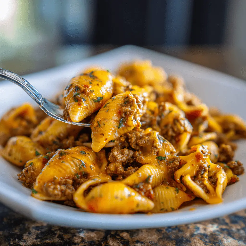 A fork lifts a shell from a white dish filled with a hearty taco pasta recipe featuring cheesy meat-filled conchiglie.