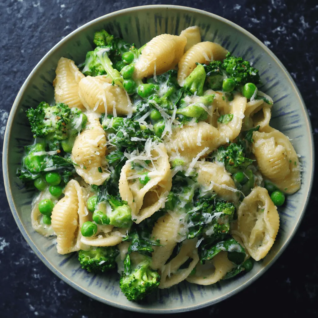 A vibrant vegetarian pasta recipe featuring conchiglie shells, fresh broccoli, peas, and leafy greens in a creamy sauce, topped with grated cheese.