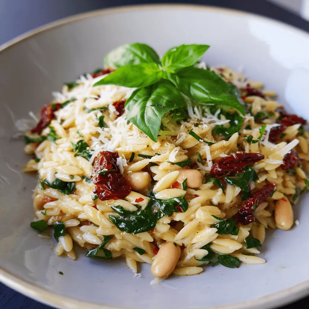 A close-up of a vibrant orzo pasta recipe bowl with fresh basil, sun-dried tomatoes, white beans, and grated cheese.