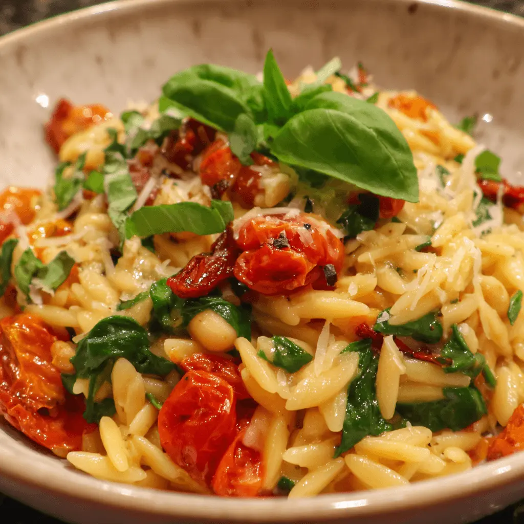 Vibrant Mediterranean orzo pasta recipe with roasted tomatoes, fresh basil, and white beans.