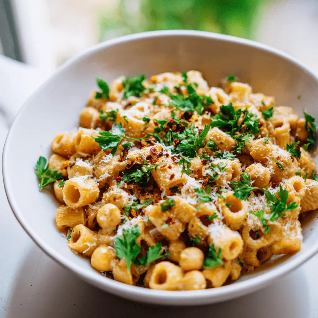 A close-up of a delicious ditalini pasta recipe with chickpeas, fresh parsley, chili flakes, and grated cheese in a white bowl.