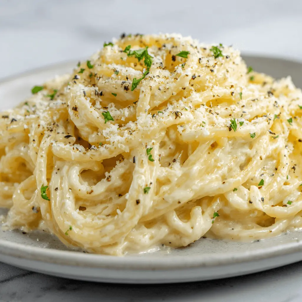 Close-up of a creamy alfredo pasta recipe, garnished with grated cheese, fresh parsley, and black pepper.